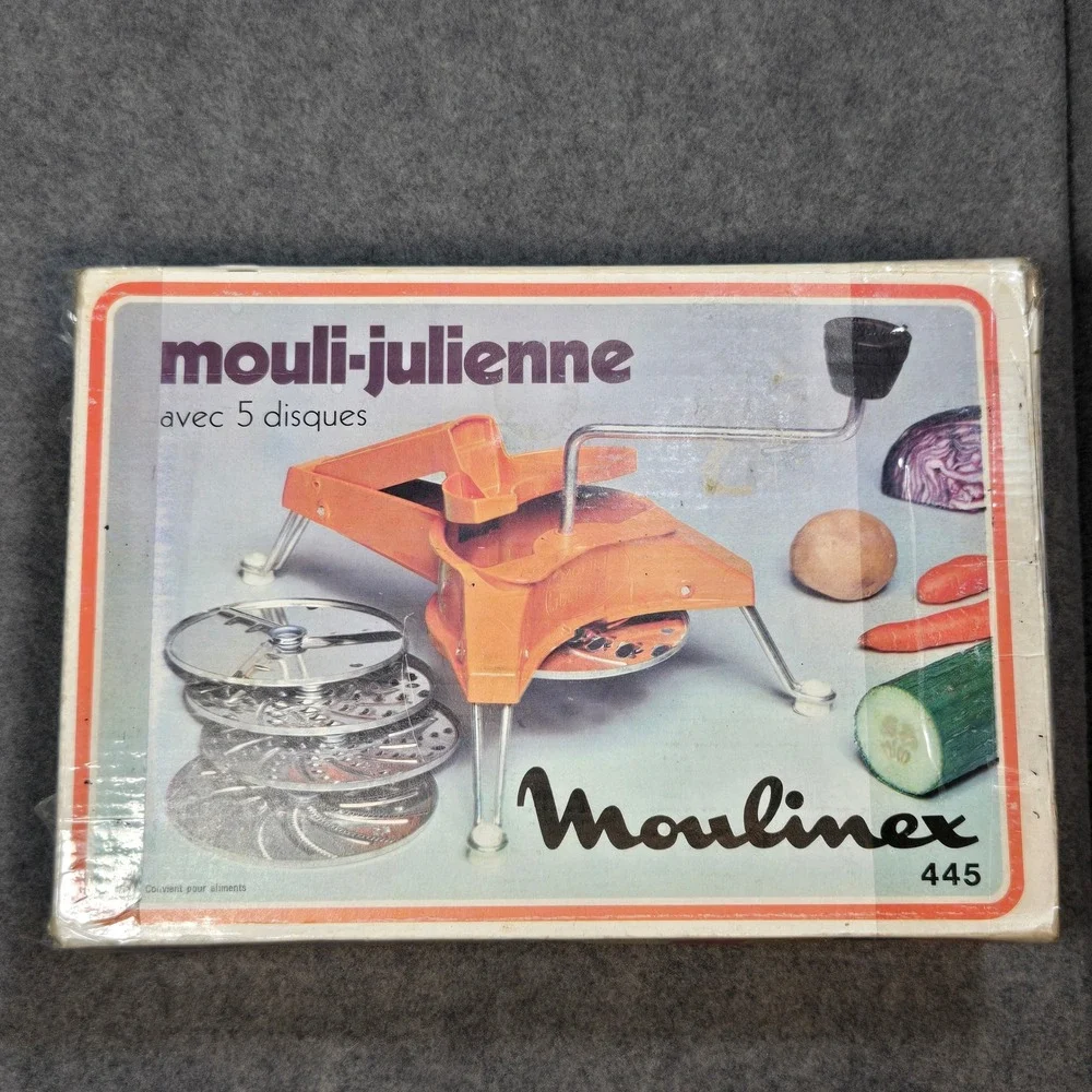 Vintage Moulinex Mouli-Julienne 445 Orange Food Slicer 5 Discs Complete set